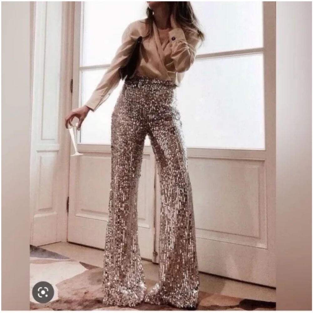 BLOGGERS FAVORITE NWT Zara Mesh Shimmering Gold Wide Leg Pants - Picture 4 of 7